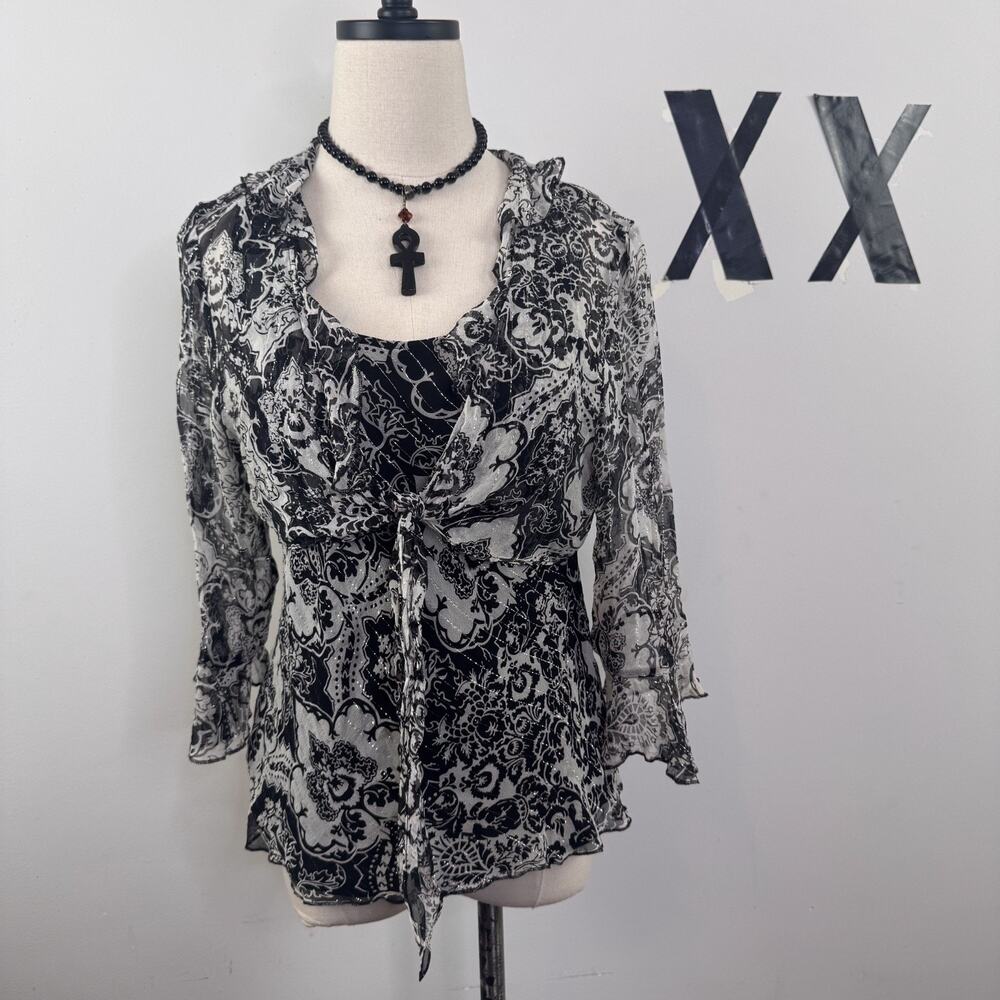 Vintage Y2K Black White Silk Print Sheer Shimmer Whimsygoth Layered Fairy Top PL